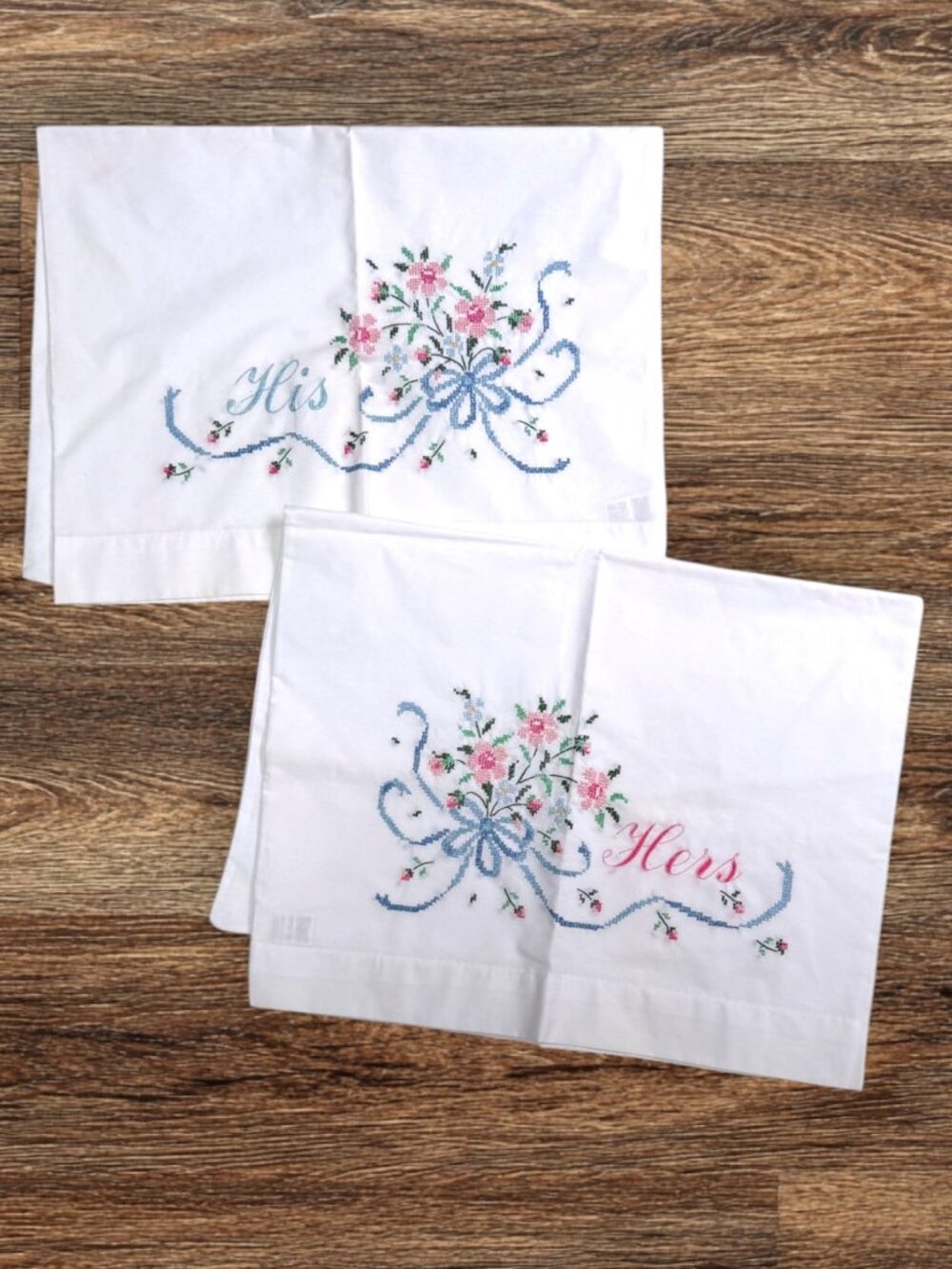 Vintage His & Hers Hand Embroidered Pillowcases Floral Wedding Pink Blue USA